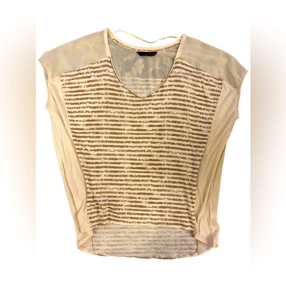 Calvin Klein Jeans Women’s Top Size 1XL Cream and Tan Stripes Sheer Upper V-neck